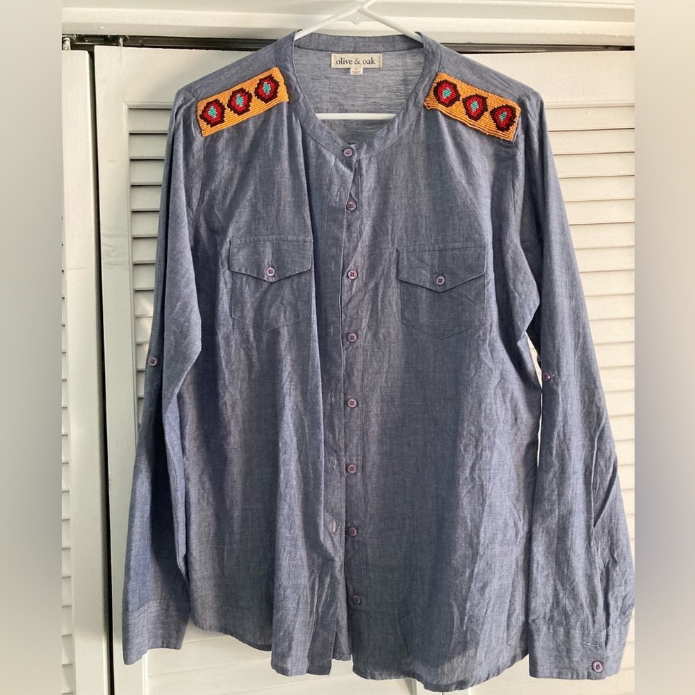 OLIVE & OAK DENIM BEADED TOP